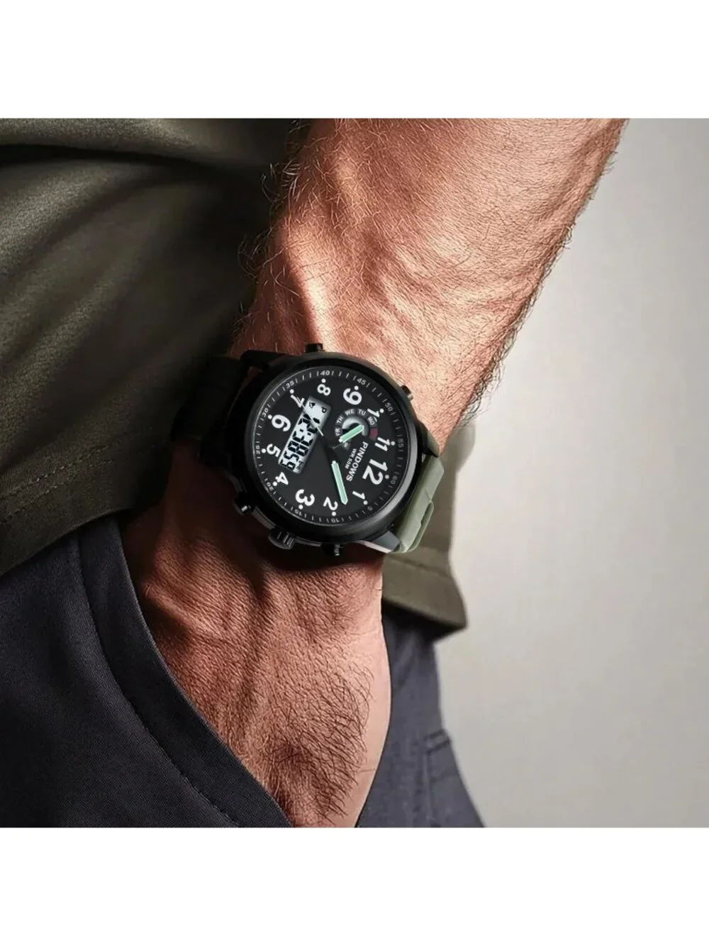 Men's Black Green Analog Waterproof Military Multifunctional LED Digital Watch